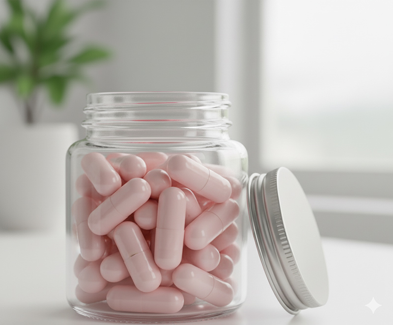 ขวดแก้วใสที่บรรจุแคปซูลสีชมพูจำนวนมาก